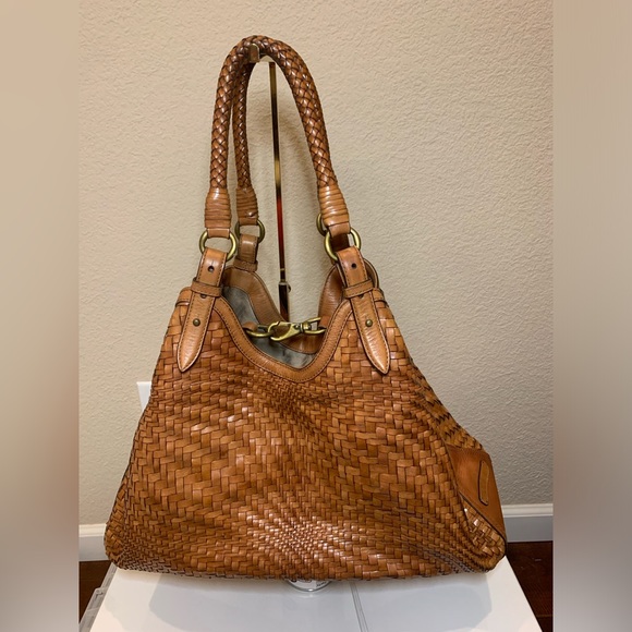 COLE HAAN Genevieve Weave Large Triangle Tote Hobo Bag Purse British Tan Cognac - Picture 2 of 11